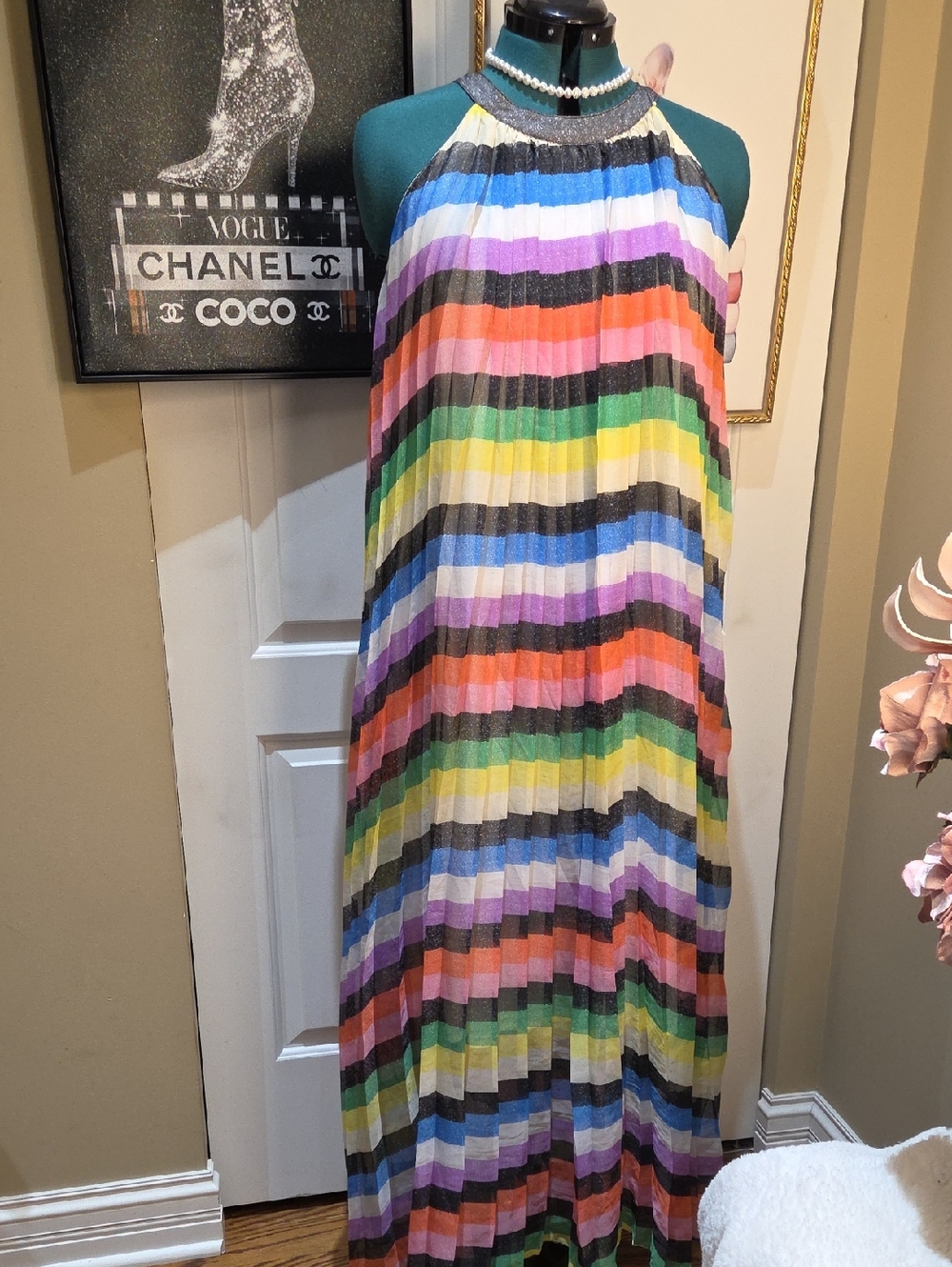 Nwot Large New York Company Colorful Striped Halter Maxi Dress With Belt - Picture 3 of 17